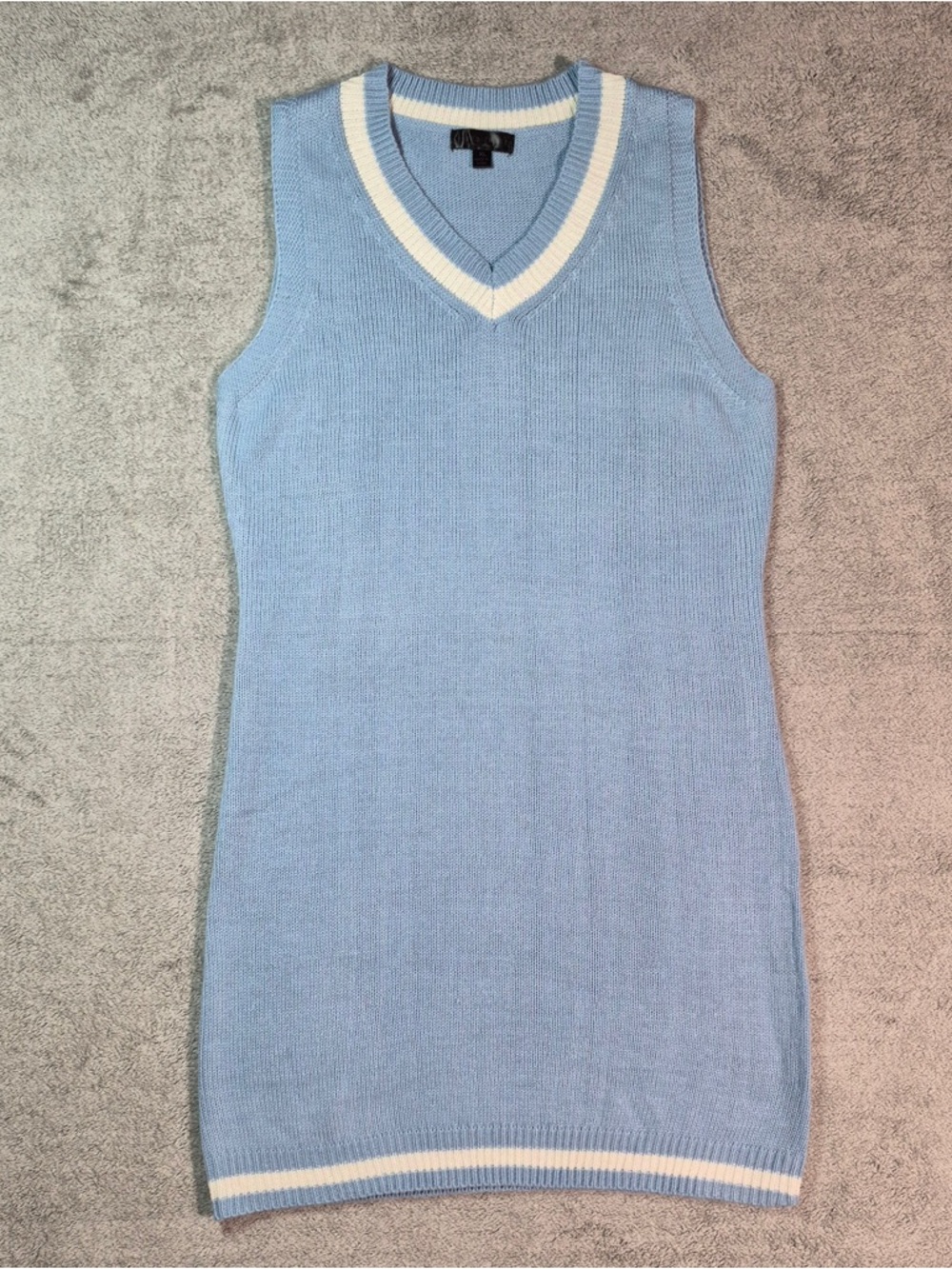 Light Blue Faded Rose Sleeveless Varsity V-Neck Knit Dress with White Trim